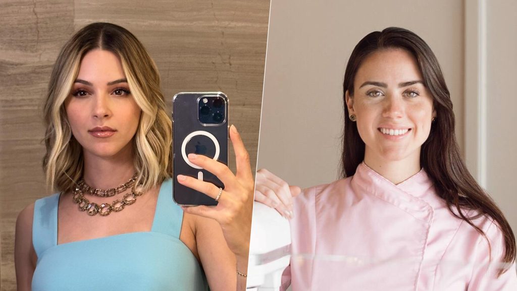 Gaby-elizondo-mariana-rodrÍguez-tÍa-paty-ataques - Regios En México Two Women Shown Side by Side with a Diagonal Divider: Left Woman with Shoulder-length Blonde Hair in a Light Blue Dress Taking a Mirror Selfie, Right Woman with Long Dark Hair in a Light Pink Uniform Smiling Indoors. - Regios En México