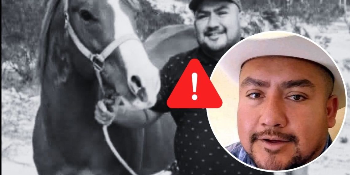 Warning Alert: Man with a Horse Outdoors, Overlaid with a Red Exclamation Triangle and an Inset Photo of Another Man—indicating a Safety Alert About Him. - Regios En México