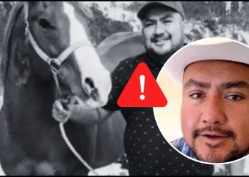 Warning Alert: Man with a Horse Outdoors, Overlaid with a Red Exclamation Triangle and an Inset Photo of Another Man—indicating a Safety Alert About Him. - Regios En México