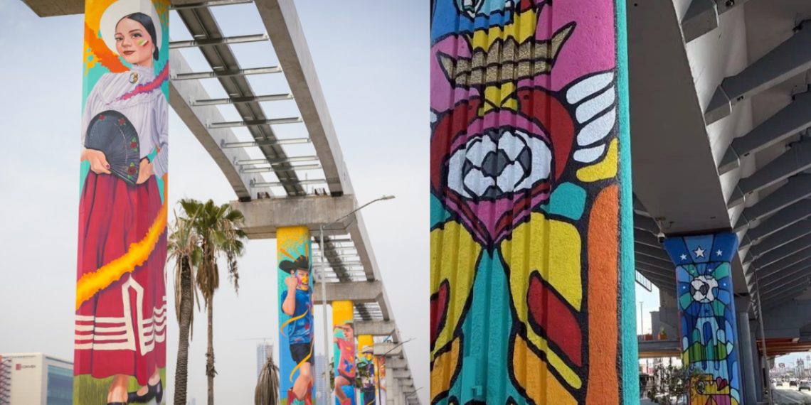 Tall Concrete Columns Under an Elevated Walkway Painted with Colorful Murals, Including a Girl in Traditional Dress on the Left and Bright Abstract Designs on the Right. - Regios En México