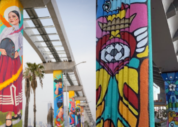 Tall Concrete Columns Under an Elevated Walkway Painted with Colorful Murals, Including a Girl in Traditional Dress on the Left and Bright Abstract Designs on the Right. - Regios En México