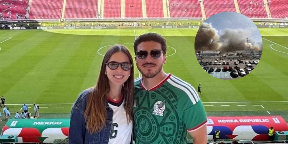 Samuel-garcia-no-trabaja-por-nuevo-leon-en-pleno-mundial - Regios En México Smiling Couple Posing Together on a Soccer Stadium Field, with Red Seats in the Stands Behind Them; Circular Inset Shows a Large Smoke Plume over a Parking Lot During a Protest. - Regios En México