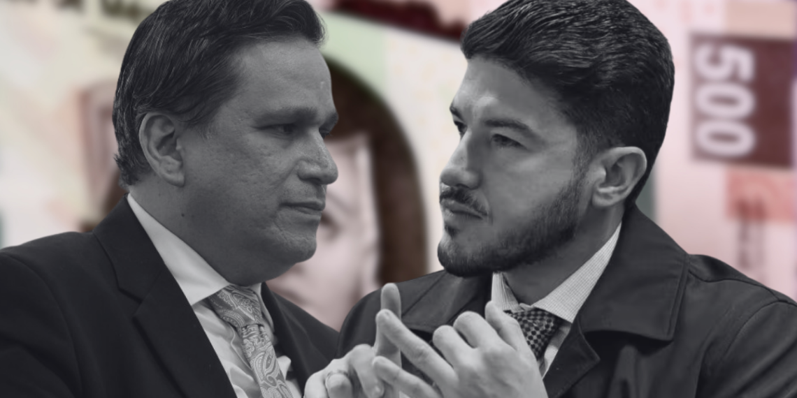 Samuel-garcia-frena-dinero-a-municipios-en-nuevo-leon - Regios En México Two Businessmen in Suits Converse Closely, with a Blurred Money Backdrop Behind Them. - Regios En México
