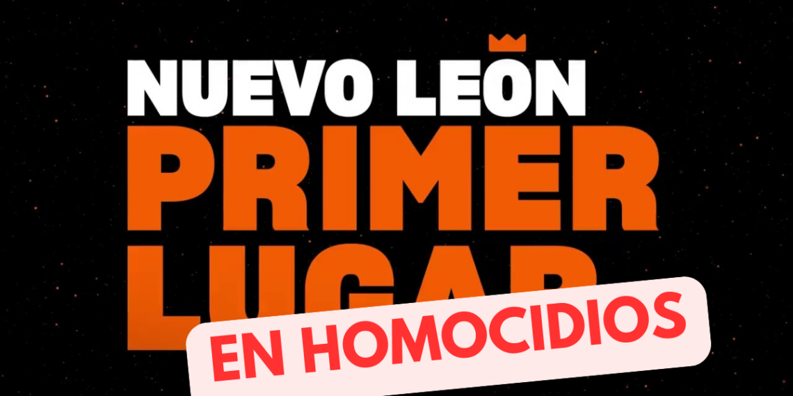 Nl-primer-lugar-en-homicidios - Regios En México Banner Con Fondo Negro Y Letras Blancas Y Naranjas Que Dice 'nuevo León' Y 'primer Lugar', Sobrepuesta Una Etiqueta Rosada Que Lee 'en Homicidios' Para Indicar Que La Entidad Lidera En Homicidios. - Regios En México