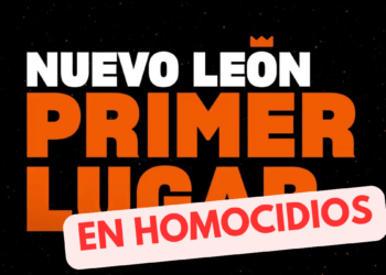 Banner Con Fondo Negro Y Letras Blancas Y Naranjas Que Dice 'nuevo León' Y 'primer Lugar', Sobrepuesta Una Etiqueta Rosada Que Lee 'en Homicidios' Para Indicar Que La Entidad Lidera En Homicidios. - Regios En México